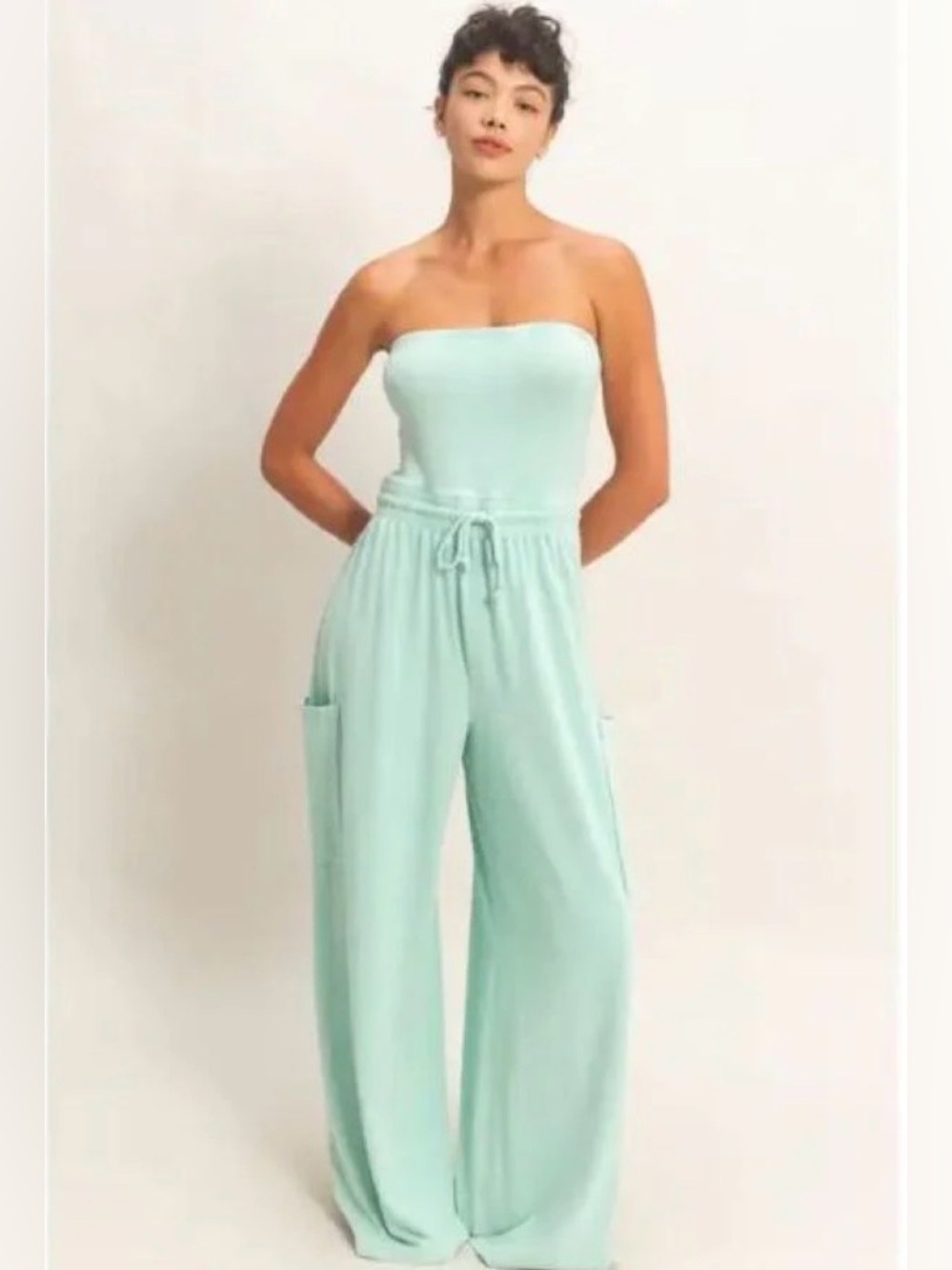 38 Double Zero Strapless Wide-Leg Jumpsuit in Mint Green